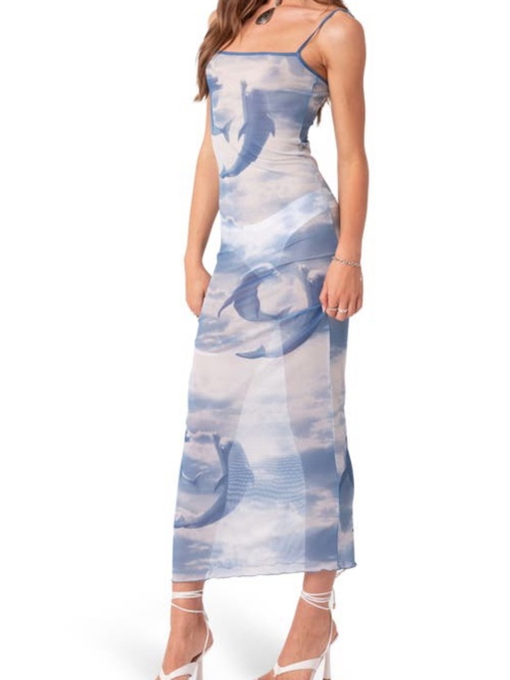 NWT XS EDIKTED Blue Cloud Slip Midi Dress Dolphin Sheer Mesh Slipdress coverup